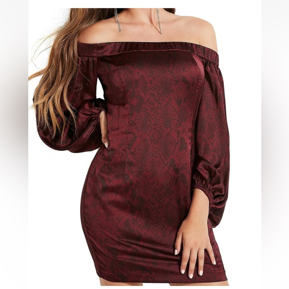GUESS Jana Snake Print Off-Shoulder Dress Wine